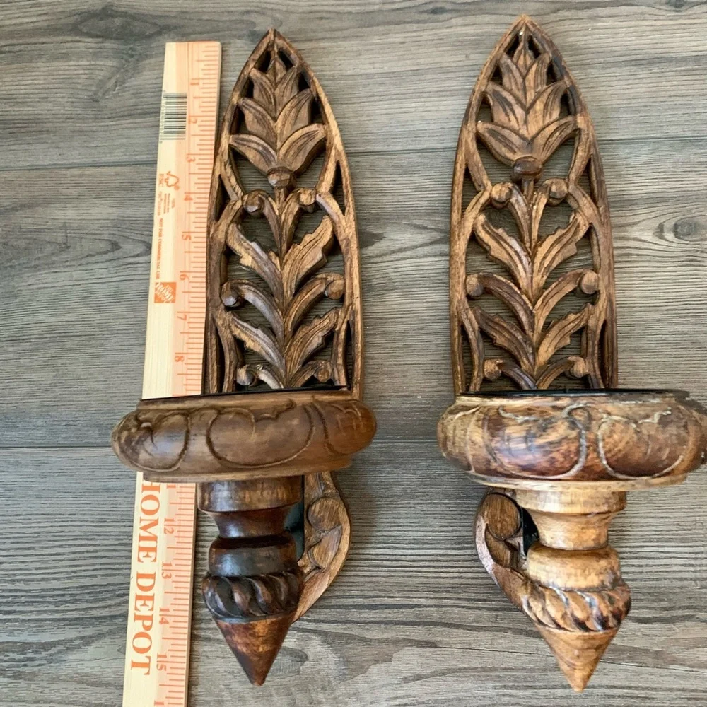 Vintage Pair Of Hand carved Wooden Ornate Wall Candle Holders